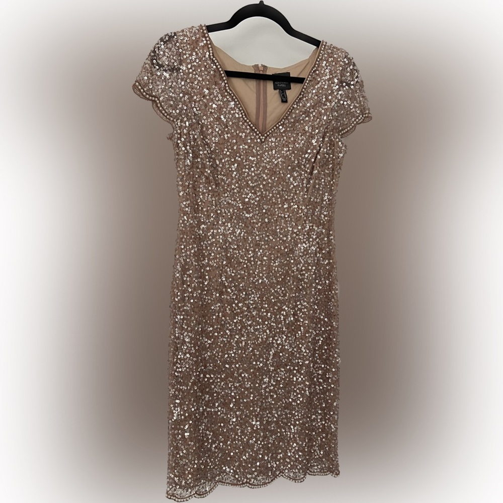 Adrianna Papell Rose Gold Sequined and Beaded Dress